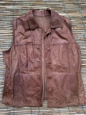 Vintage Brown Leather Vest Snap Front Western Biker Distressed No Size